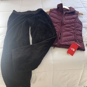 The North Face Women's Burgundy Puffer Vest 550 and cozy pants   size S